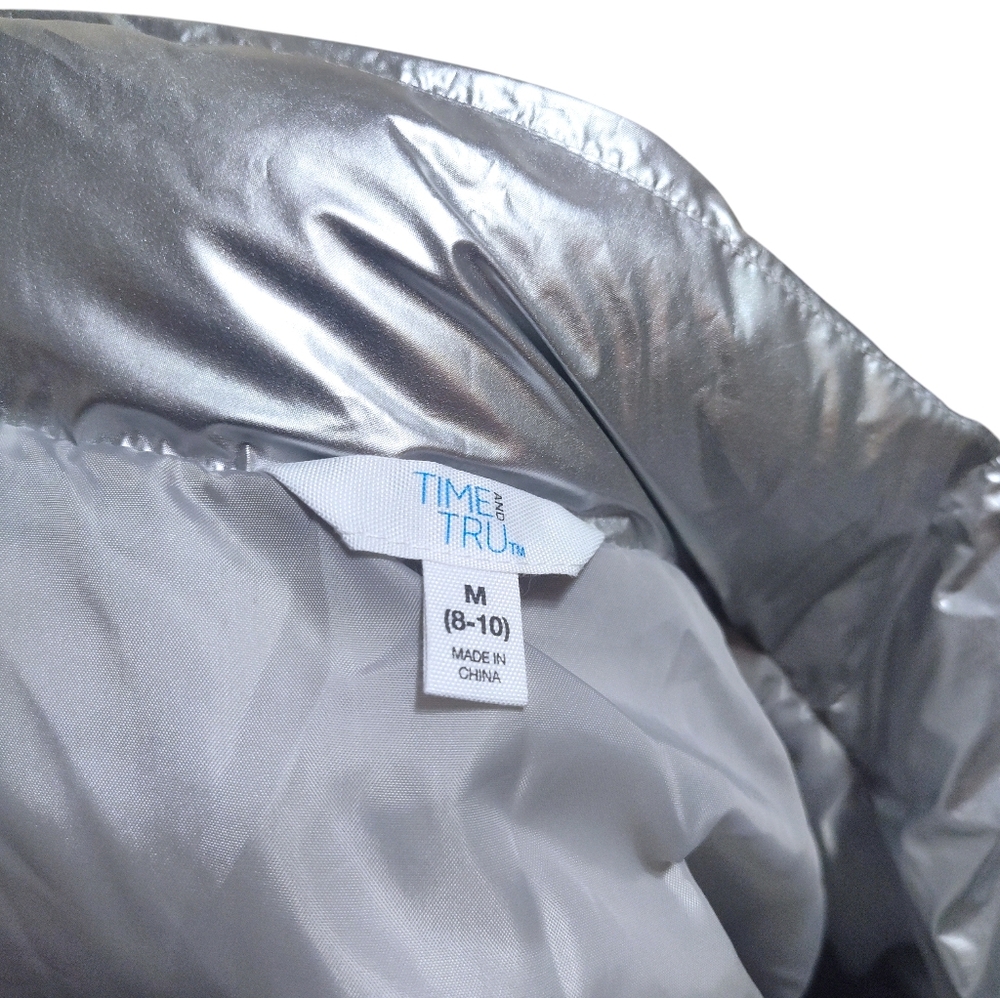 🆕️ Time and Tru Womens Silver Metallic Puffer Coat Size Medium (8-10) - Picture 7 of 7